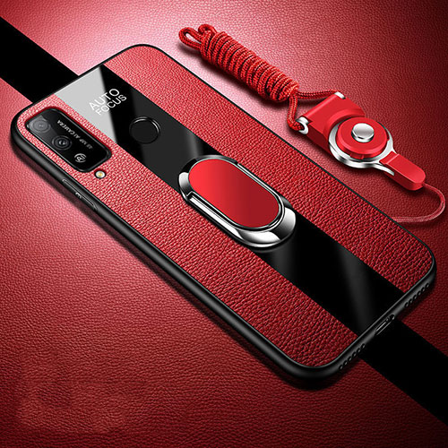 Soft Silicone Gel Leather Snap On Case Cover with Magnetic Finger Ring Stand for Huawei Honor Play4T Red