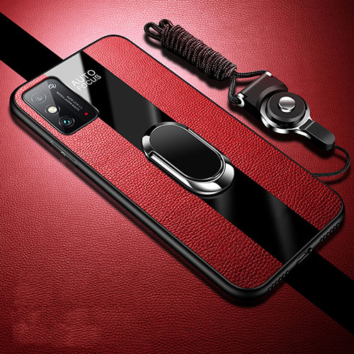 Soft Silicone Gel Leather Snap On Case Cover with Magnetic Finger Ring Stand for Huawei Honor X10 Max 5G Red