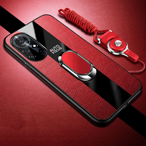 Soft Silicone Gel Leather Snap On Case Cover with Magnetic Finger Ring Stand for Huawei Nova 8 Pro 5G Red