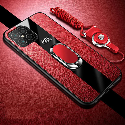 Soft Silicone Gel Leather Snap On Case Cover with Magnetic Finger Ring Stand for Huawei Nova 8 SE 5G Red