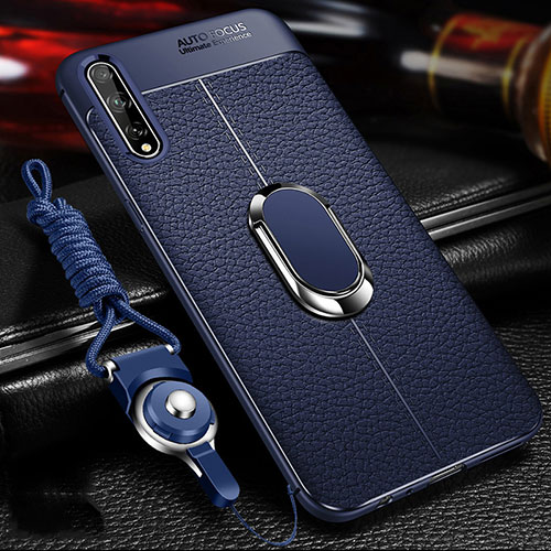 Soft Silicone Gel Leather Snap On Case Cover with Magnetic Finger Ring Stand for Huawei Y8p Blue