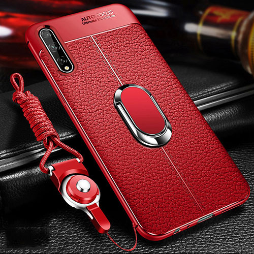 Soft Silicone Gel Leather Snap On Case Cover with Magnetic Finger Ring Stand for Huawei Y8p Red