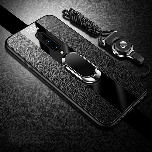 Soft Silicone Gel Leather Snap On Case Cover with Magnetic Finger Ring Stand for OnePlus 8 Black