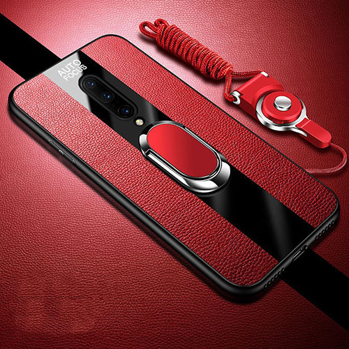 Soft Silicone Gel Leather Snap On Case Cover with Magnetic Finger Ring Stand for OnePlus 8 Red