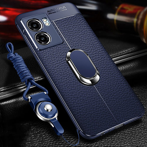 Soft Silicone Gel Leather Snap On Case Cover with Magnetic Finger Ring Stand for OnePlus Nord N300 5G Blue