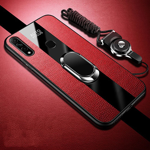 Soft Silicone Gel Leather Snap On Case Cover with Magnetic Finger Ring Stand for Oppo A31 Red