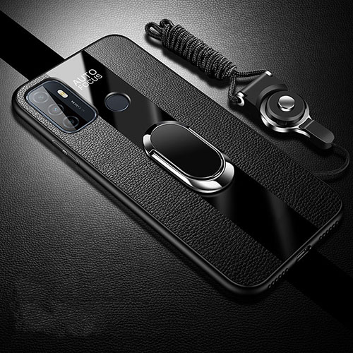 Soft Silicone Gel Leather Snap On Case Cover with Magnetic Finger Ring Stand for Oppo A33 Black