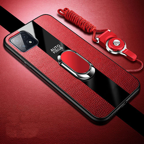 Soft Silicone Gel Leather Snap On Case Cover with Magnetic Finger Ring Stand for Oppo A53 5G Red