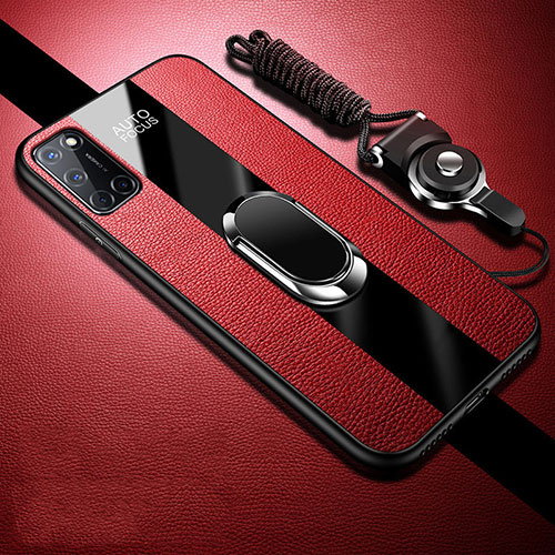 Soft Silicone Gel Leather Snap On Case Cover with Magnetic Finger Ring Stand for Oppo A72 Red