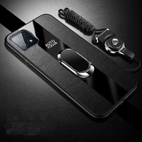 Soft Silicone Gel Leather Snap On Case Cover with Magnetic Finger Ring Stand for Oppo A73 5G Black