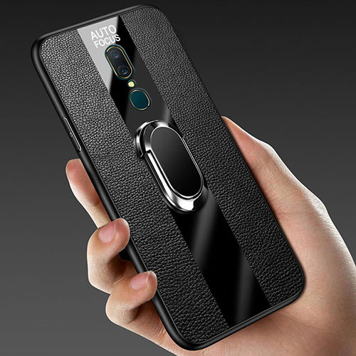Soft Silicone Gel Leather Snap On Case Cover with Magnetic Finger Ring Stand for Oppo A9 Black