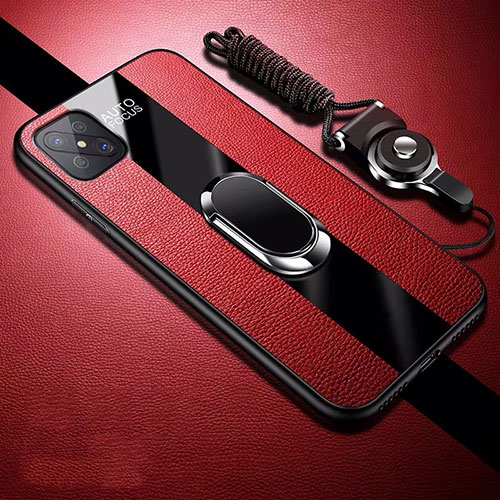 Soft Silicone Gel Leather Snap On Case Cover with Magnetic Finger Ring Stand for Oppo A92s 5G Red