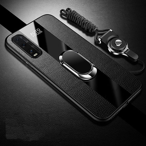 Soft Silicone Gel Leather Snap On Case Cover with Magnetic Finger Ring Stand for Oppo Find X2 Black