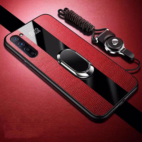 Soft Silicone Gel Leather Snap On Case Cover with Magnetic Finger Ring Stand for Oppo Find X2 Lite Red