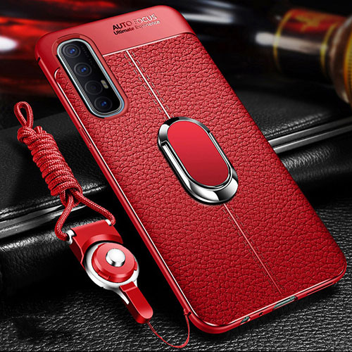 Soft Silicone Gel Leather Snap On Case Cover with Magnetic Finger Ring Stand for Oppo Find X2 Neo Red