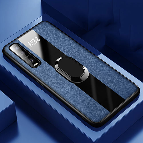 Soft Silicone Gel Leather Snap On Case Cover with Magnetic Finger Ring Stand for Oppo Find X2 Pro Blue