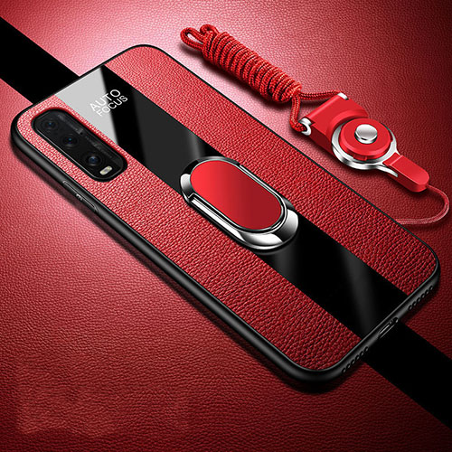 Soft Silicone Gel Leather Snap On Case Cover with Magnetic Finger Ring Stand for Oppo Find X2 Red