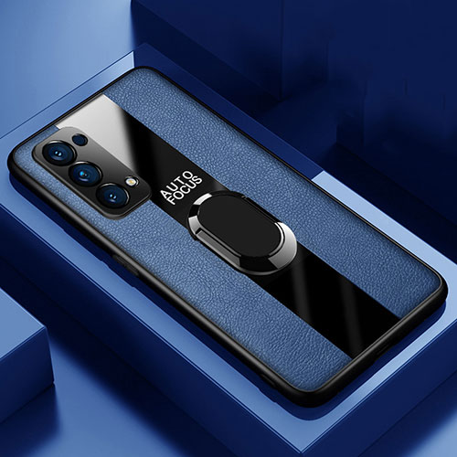 Soft Silicone Gel Leather Snap On Case Cover with Magnetic Finger Ring Stand for Oppo Find X3 Lite 5G Blue