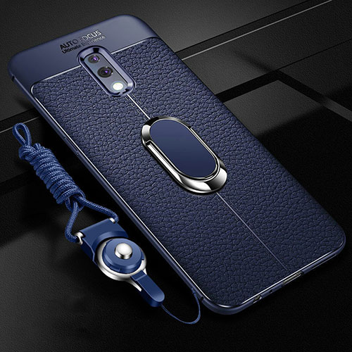 Soft Silicone Gel Leather Snap On Case Cover with Magnetic Finger Ring Stand for Oppo K3 Blue