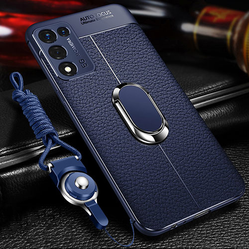 Soft Silicone Gel Leather Snap On Case Cover with Magnetic Finger Ring Stand for Oppo K9S 5G Blue