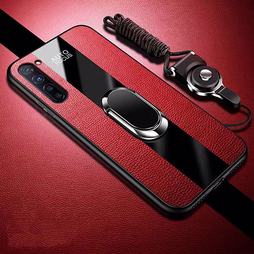 Soft Silicone Gel Leather Snap On Case Cover with Magnetic Finger Ring Stand for Oppo Reno3 Red