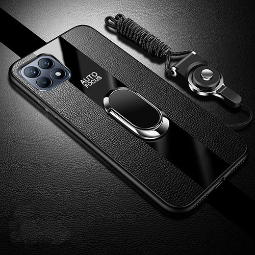 Soft Silicone Gel Leather Snap On Case Cover with Magnetic Finger Ring Stand for Oppo Reno4 SE 5G Black