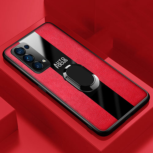 Soft Silicone Gel Leather Snap On Case Cover with Magnetic Finger Ring Stand for Oppo Reno5 5G Red