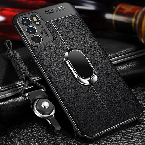 Soft Silicone Gel Leather Snap On Case Cover with Magnetic Finger Ring Stand for Oppo Reno6 5G Black