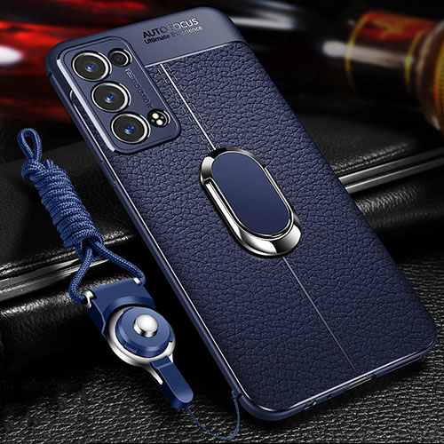 Soft Silicone Gel Leather Snap On Case Cover with Magnetic Finger Ring Stand for Oppo Reno6 Pro+ Plus 5G Blue