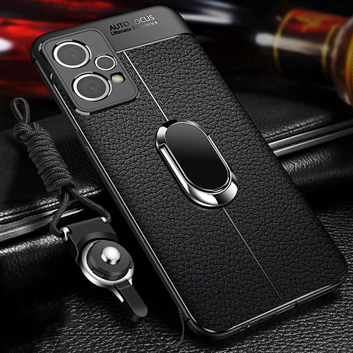 Soft Silicone Gel Leather Snap On Case Cover with Magnetic Finger Ring Stand for Realme 9 5G Black