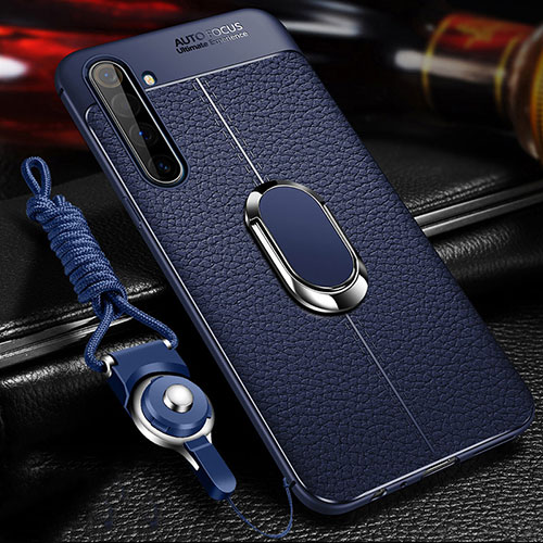 Soft Silicone Gel Leather Snap On Case Cover with Magnetic Finger Ring Stand for Realme X50 Pro 5G Blue