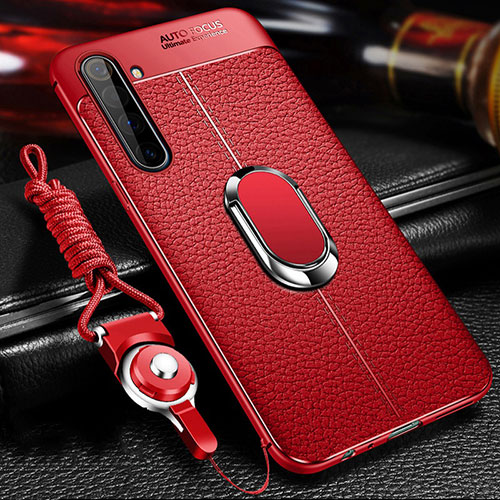 Soft Silicone Gel Leather Snap On Case Cover with Magnetic Finger Ring Stand for Realme X50 Pro 5G Red