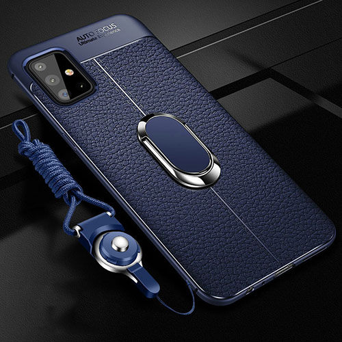 Soft Silicone Gel Leather Snap On Case Cover with Magnetic Finger Ring Stand for Samsung Galaxy A51 4G Blue