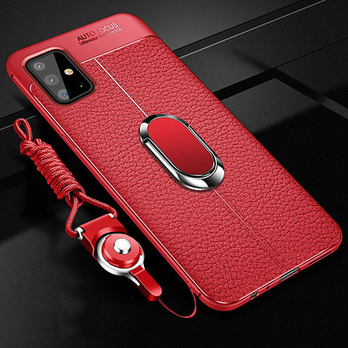 Soft Silicone Gel Leather Snap On Case Cover with Magnetic Finger Ring Stand for Samsung Galaxy A51 4G Red