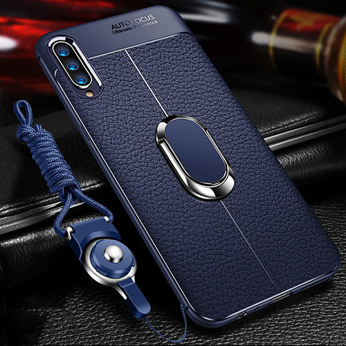 Soft Silicone Gel Leather Snap On Case Cover with Magnetic Finger Ring Stand for Samsung Galaxy A70 Blue