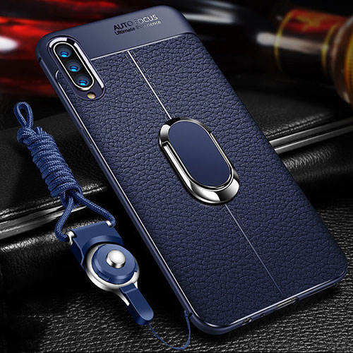 Soft Silicone Gel Leather Snap On Case Cover with Magnetic Finger Ring Stand for Samsung Galaxy A70S Blue