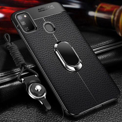 Soft Silicone Gel Leather Snap On Case Cover with Magnetic Finger Ring Stand for Samsung Galaxy M21 Black