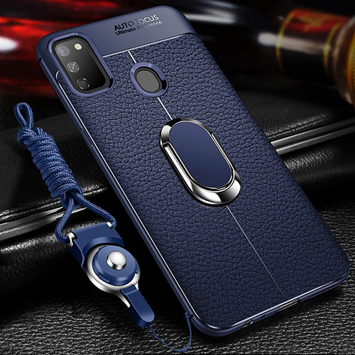 Soft Silicone Gel Leather Snap On Case Cover with Magnetic Finger Ring Stand for Samsung Galaxy M21 Blue