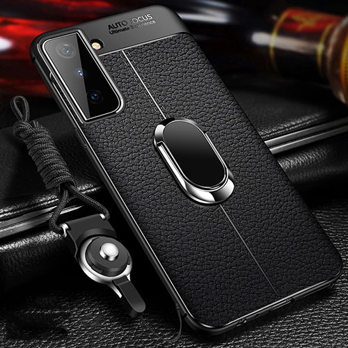 Soft Silicone Gel Leather Snap On Case Cover with Magnetic Finger Ring Stand for Samsung Galaxy S21 5G Black