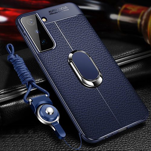 Soft Silicone Gel Leather Snap On Case Cover with Magnetic Finger Ring Stand for Samsung Galaxy S21 Plus 5G Blue