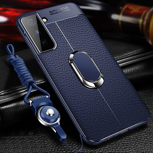 Soft Silicone Gel Leather Snap On Case Cover with Magnetic Finger Ring Stand for Samsung Galaxy S22 Plus 5G Blue