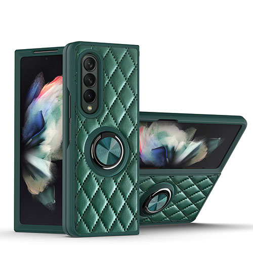 Soft Silicone Gel Leather Snap On Case Cover with Magnetic Finger Ring Stand for Samsung Galaxy Z Fold3 5G Green