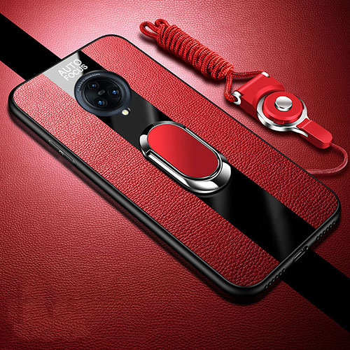 Soft Silicone Gel Leather Snap On Case Cover with Magnetic Finger Ring Stand for Vivo Nex 3S Red