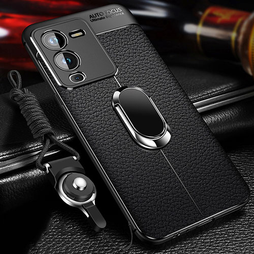 Soft Silicone Gel Leather Snap On Case Cover with Magnetic Finger Ring Stand for Vivo V25 Pro 5G Black