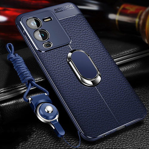 Soft Silicone Gel Leather Snap On Case Cover with Magnetic Finger Ring Stand for Vivo V25 Pro 5G Blue