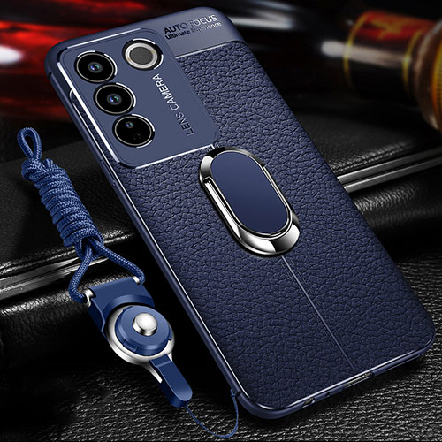 Soft Silicone Gel Leather Snap On Case Cover with Magnetic Finger Ring Stand for Vivo V27 5G Blue