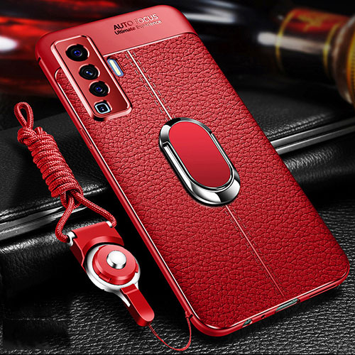 Soft Silicone Gel Leather Snap On Case Cover with Magnetic Finger Ring Stand for Vivo X50 5G Red