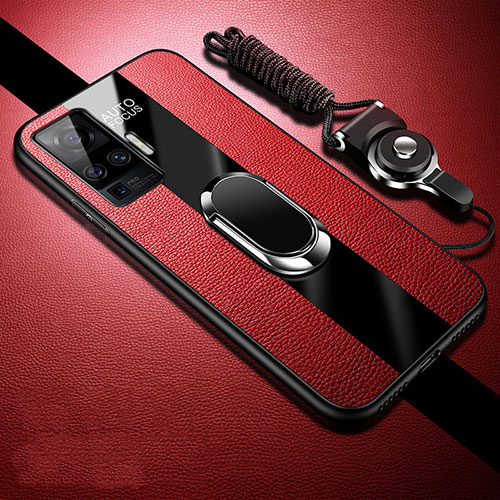 Soft Silicone Gel Leather Snap On Case Cover with Magnetic Finger Ring Stand for Vivo X51 5G Red