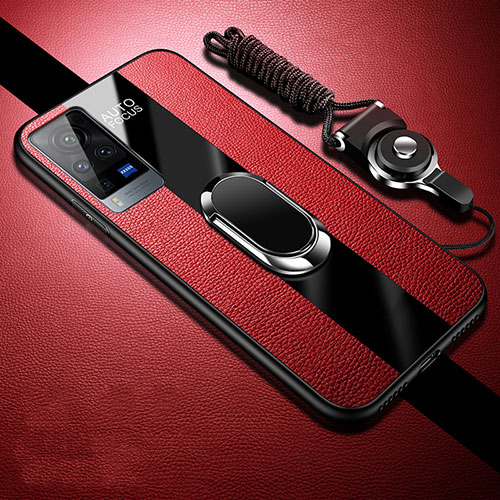 Soft Silicone Gel Leather Snap On Case Cover with Magnetic Finger Ring Stand for Vivo X60 Pro 5G Red