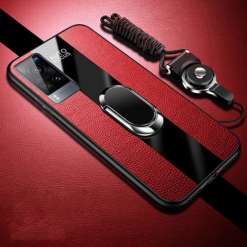 Soft Silicone Gel Leather Snap On Case Cover with Magnetic Finger Ring Stand for Vivo X60T 5G Red